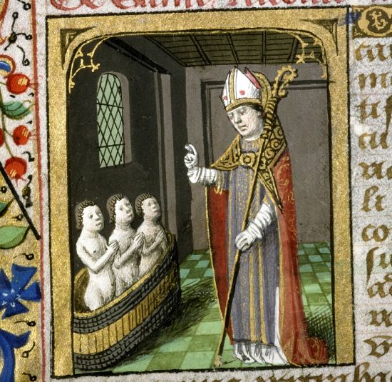 Saint Nicolas ressuscitant les trois enfants. Enluminure extraite du Livre d'heures de Jacques de Langeac (manuscrit n°5154 de la Bibliothèque municipale de Lyon, 1465-1468)