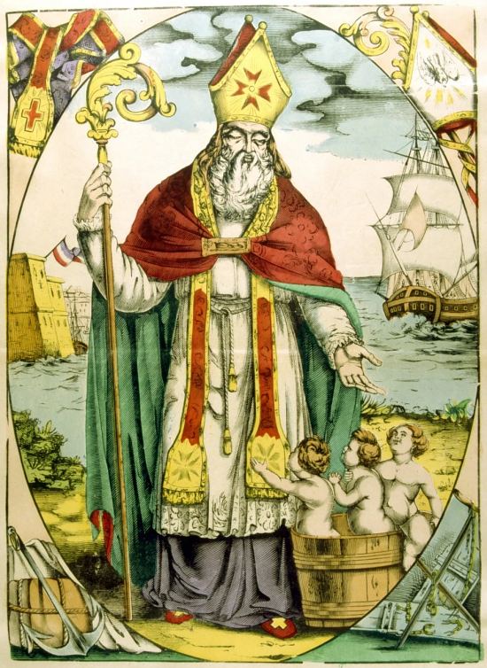 Saint Nicolas ressuscite les trois enfants. Lithographie du XIXe siècle de la fabrique de Pellerin