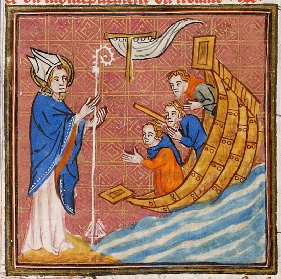 Miracle de saint Nicolas : la tempête. Enluminure extraite du Speculum historiale composé par Vincent de Beauvais au XIIIe siècle, chronique universelle de la Création jusqu'au milieu du XIIIe siècle, intégralement traduit par Jean de Vignay entre 1315 et 1332 (manuscrit français n°15942 de la BnF)