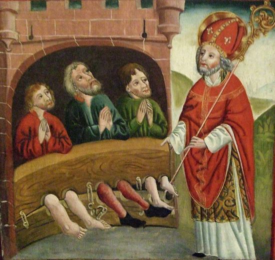 Saint Nicolas et les trois officiers. Peinture de 1485, église Sainte-Marie de Mühlhausen (Allemagne)