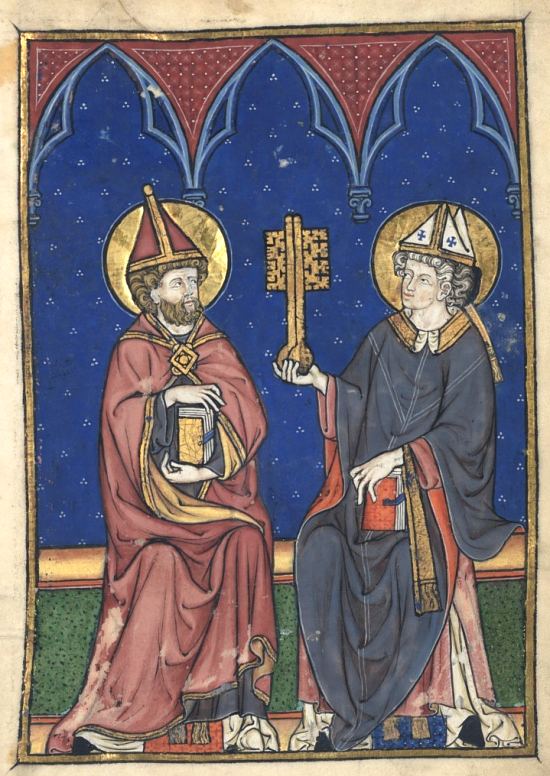 Saint Sylvestre assis à côté de saint Servais avec sa clef. Enluminure extraite de Livre d'images de Madame Marie (également appelé Images de la vie du Christ et des saints), manuscrit français n°16251 de la BnF, vers 1285