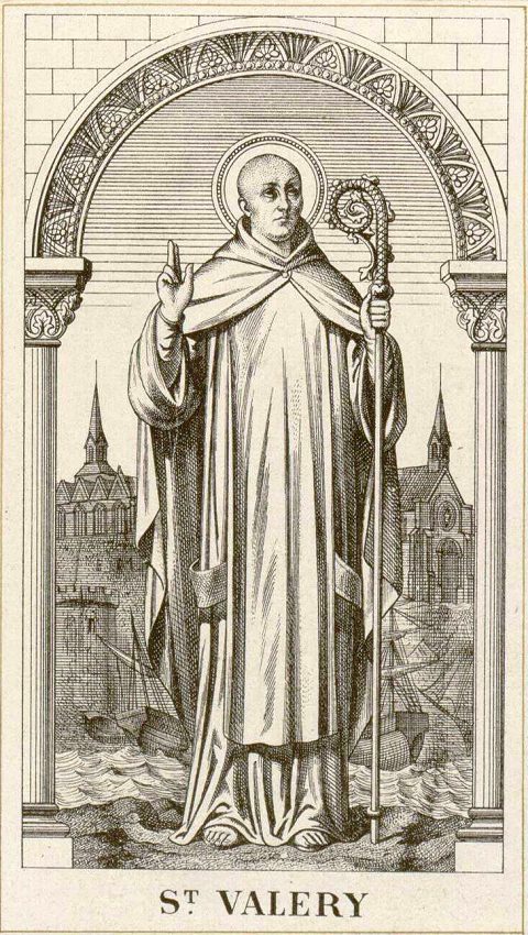 Saint Valery représenté tel qu'il l'est sur le vitrail se trouvant derrière l'autel de la chapelle des Marins, à Saint-Valery-sur-Somme