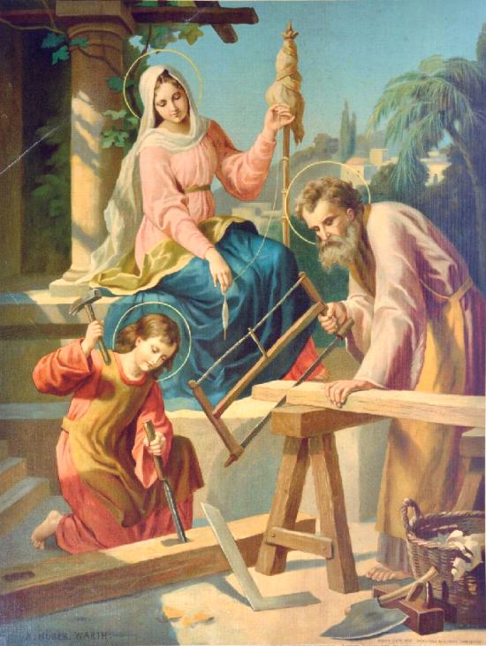La Sainte Famille (Marie, Joseph, et le jeune Jésus charpentier). Peinture d'Augustin Müller-Warth (1864-1943)