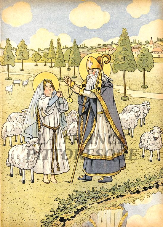 Sainte Geneviève. Illustration extraite de Jouons à l'Histoire. La France mise en scène avec les joujoux de deux petits Français de Job et Georges Montorgueil, paru en 1908