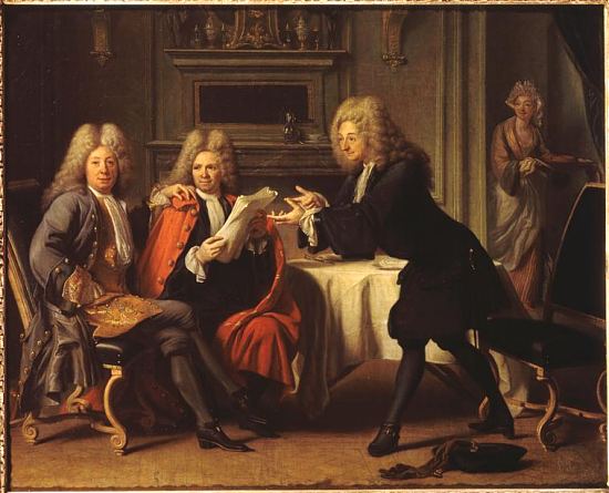 Madame de Tencin apportant le chocolat dans son salon. De droite à gauche : Fontenelle, La Motte-Houdard, Saurin. Peinture de Jacques Autreau (1716)