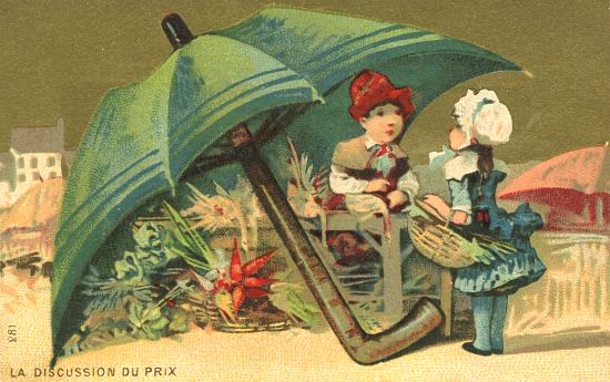 La discussion du prix. Chromolithographie publicitaire de la fin du XIXe siècle