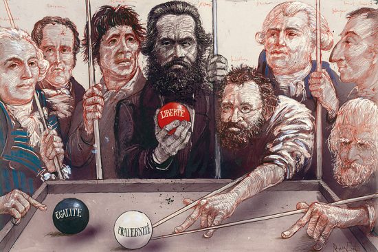 Karl Marx playing jouant au billard en compagnie de Maximilien Robespierre, Charles Fourier, Jean-Paul Marat, Pierre-Joseph Proudhon, Georges Danton, Henri de Saint-Simon et Louis-Auguste Blanqui, les boules affichant la devise de la Révolution française : Liberté, égalité, fraternité. Dessin satirique de Rainer Ehrt (2012)