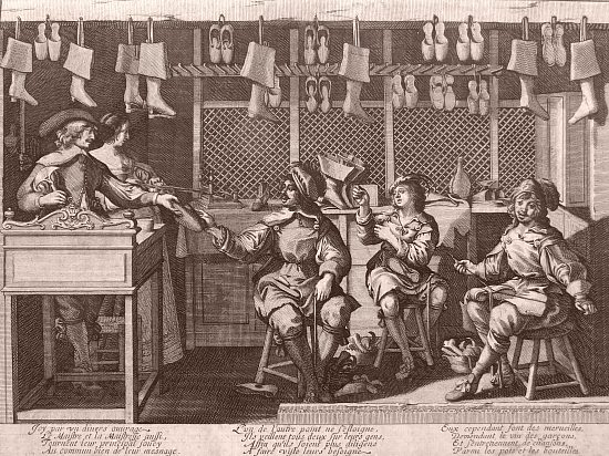 Le savetier (le maître savetier et son épouse côte à côte derrière leur comptoir distribuent et contrôlent le travail de leurs trois ouvriers). Gravure d'Abraham Bosse (1632-1633)