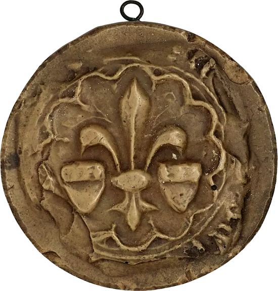 Sceau de la ville d'Amiens représentant une fleur de lys et deux écus (XVe siècle)