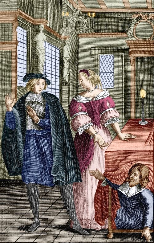 Représentation du Tartuffe de Molière. Orgon (sous la table) est témoin de l'entreprise de séduction de sa femme Elmire par Tartuffe. Dessin (colorisé) de Pierre Brissart (1682)