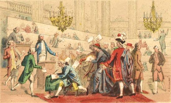 Séance de l'Assemblée nationale constituante du 4 août 1789 présidée par Isaac Le Chapelier lors de laquelle l'abandon des privilèges est décidée. Gravure d'Auguste-Étienne Guillaumot (1844-1890)