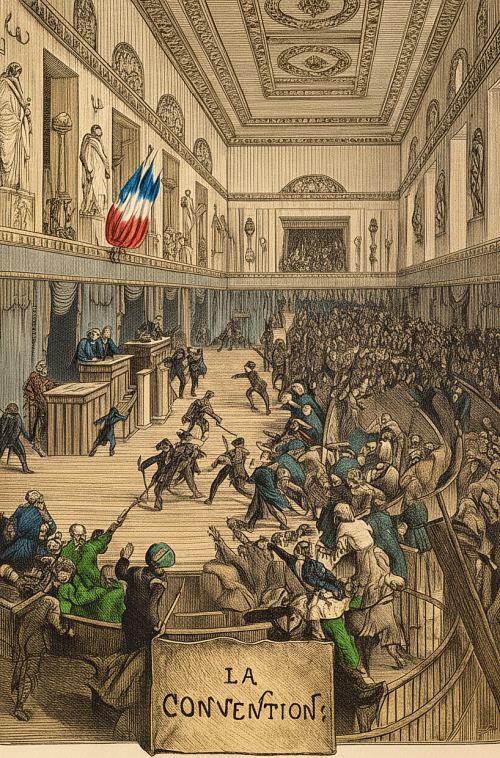 Une séance de la Convention dans la Salle des Machines (palais des Tuileries, à Paris). La Convention siégea dans cette salle de mai 1793 à octobre 1795. Dessin réalisé d'après une gravure de Jean Duplessis-Bertaux (1747-1819) représentant l'assassinat du député Jean Bertrand Féraud à la Convention, le 1er Prairial an III (20 mai 1795)