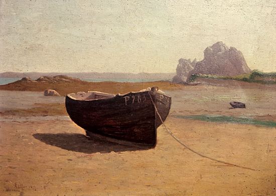 Barque sur une plage, Loguivy. Peinture de Paul Sébillot (1877)