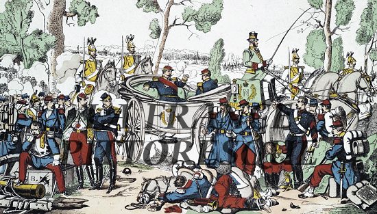 Napoléon III se fait prendre à Sedan et livre aux Prussiens une armée française de 80 000 hommes (2 septembre 1870). Lithographie anonyme