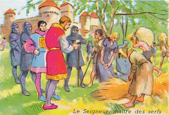 Le seigneur, maître des serfs. Illustration extraite d'une planche pédagogique Willeb du XXe siècle