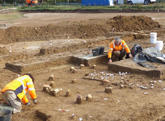 Fouille en cours du niveau solutréen. Les galets de quartzite ont été laissés en place après le démontage et l'enregistrement de l'industrie lithique