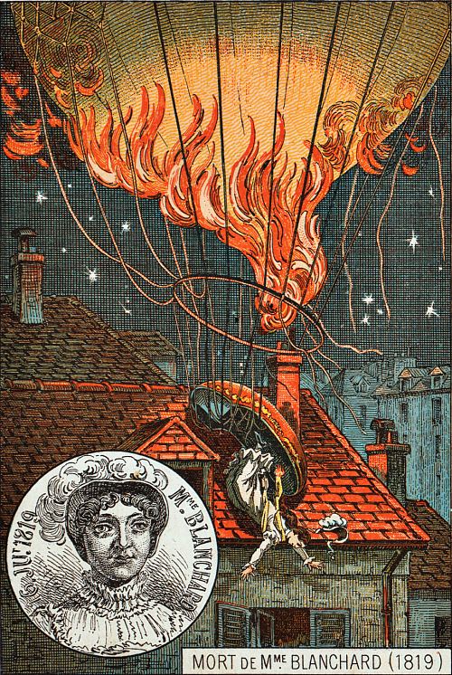 Tragique accident coûtant la vie à l'aéronaute Sophie Blanchard le 6 juillet 1819. Chromolithographie réalisée vers 1890-1900