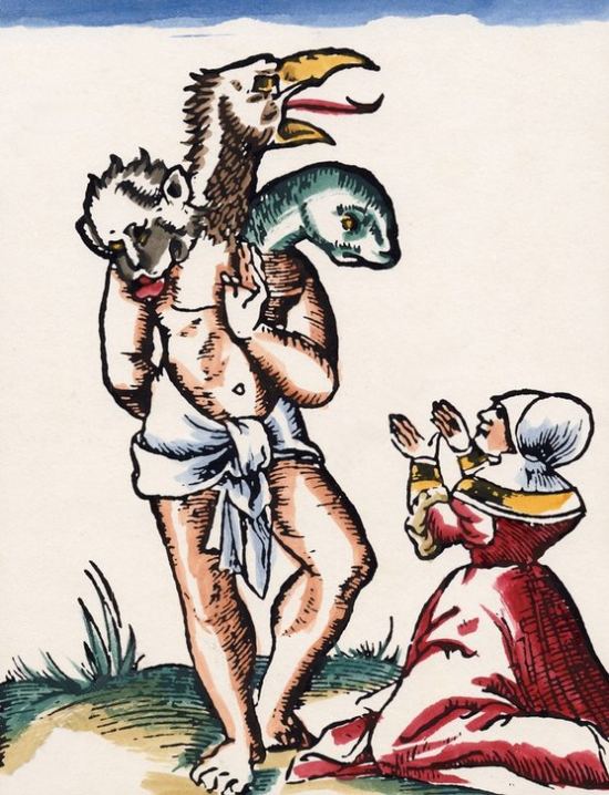 Sorcière adorant un démon. Gravure (colorisée ultérieurement) extraite de Cosmographia Universalis par Sebastian Münster (1544)
