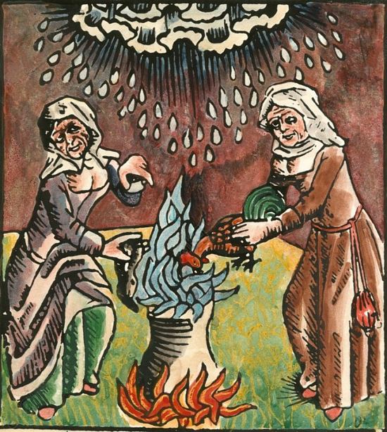 Sorcières concoctant un orage de grêle. Gravure (colorisée ultérieurement) exteaite de De lamiis phitonicis mulieribus par Ulrich Molitor (1489)