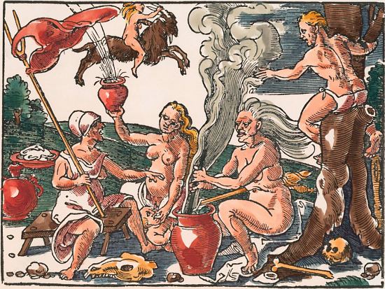 Sorcières préparant un onguent. Gravure (colorisée ultérieurement) extraite de Warhafftige Zeitung von den gottlosen Hexen par Reinhard Lutz (1571)