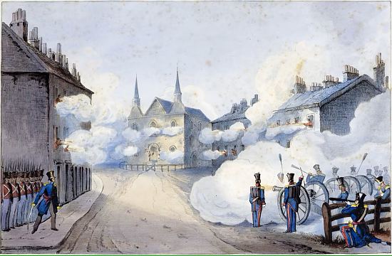 Saint-Eustache lors des soulèvements de 1837-1838. Lithographie de Nathaniel Hartnell d'après un dessin de Lord Charles Beauclerk