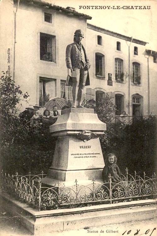 Statue de Nicolas Gilbert réalisée par Manuela (nom d'artiste d'Anne de Rochechouart de Mortemart) inaugurée à Fontenoy-le-Château en 1898. Elle fut retirée pour être fondue pendant la Seconde Guerre mondiale