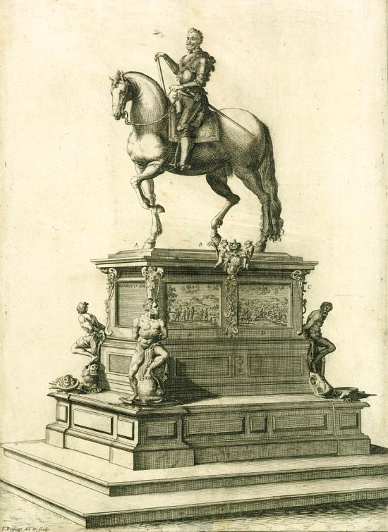 Statue équestre originelle du roi Henri IV sur le Pont-Neuf à Paris, dont le piédestal fut achevé en 1635. Gravure de Pierre Brissart réalisée en 1635