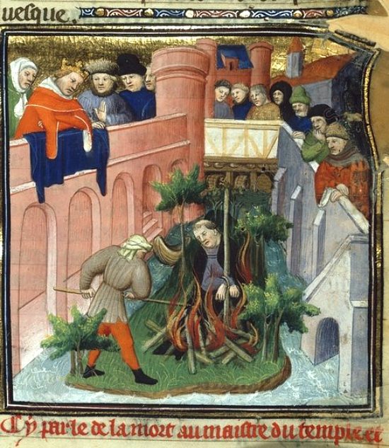Supplice de Jacques de Molay (dernier maître des Templiers) à Paris en 1314. Enluminure extraite des Grandes Chroniques de France (vers 1410)