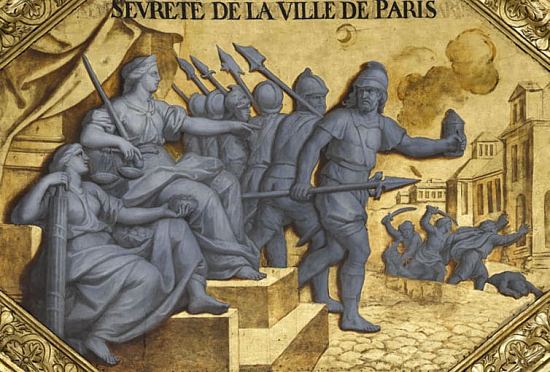 Médaillon de la Galerie des Glaces à Versailles vantant l'instauration de la sûreté publique la nuit à Paris sous Louis XIV. Celui qui maîtrise la lumière est le maître de la cité. L'éclairage participa pleinement à l'affirmation de l'autorité politique