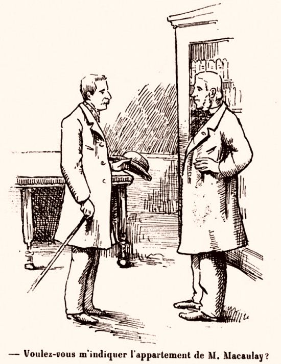 Le tailleur Club cherche à se rendre dans l'appartement de lord Macaulay. Illustration extraite d'Almanach de France et du Musée des familles paru en 1905