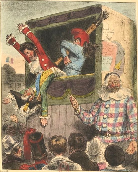 Talleyrand en Paillasse, en train de faire danser trois marionnettes. Caricature réalisée par Charles Philipon publiée dans le numéro 35 du 30 juin 1831 de La Caricature