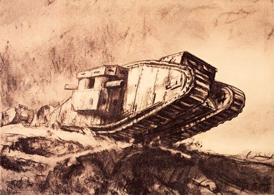 Tank anglais de la Première Guerre mondiale. Dessin de Muirhead Bone (1917)