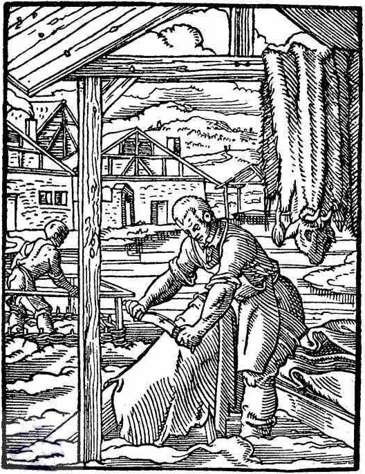 Tanneurs travaillant des peaux à deux stades différents : grattage des poils extérieurs et bain dans un bassin de tanin. Gravure extraite du livre des métiers de Jost Amman (Das Ständbuch, 1568)