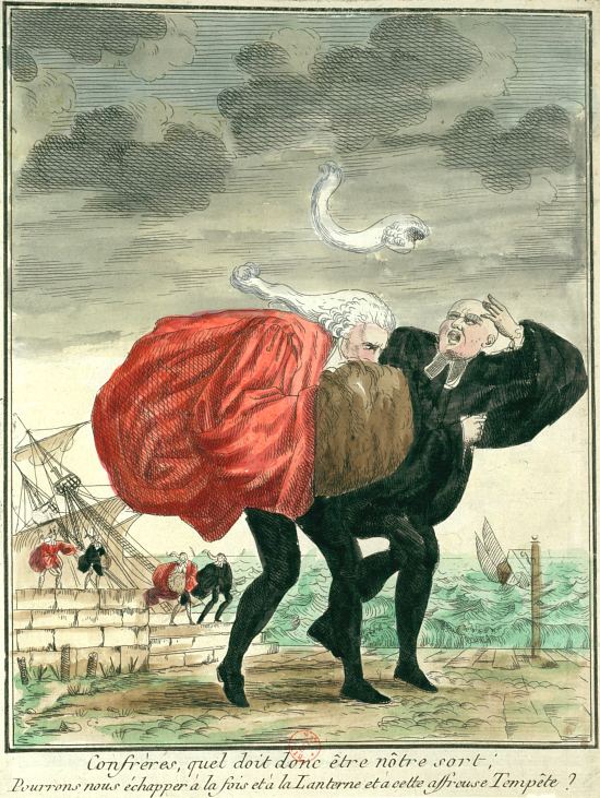 La tempête révolutionnaire. Gravure satirique anonyme publiée vers 1790, avec pour légende : Confrères, quel doit donc être notre sort : pourrons-nous échapper à la fois et à la lanterne et à cette affreuse tempête ?