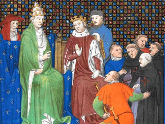 Les templiers devant le pape Clément V et le roi Philippe le Bel au concile de Vienne. Détail d'une enluminure du Maître de Boucicaut (vers 1410-1420)