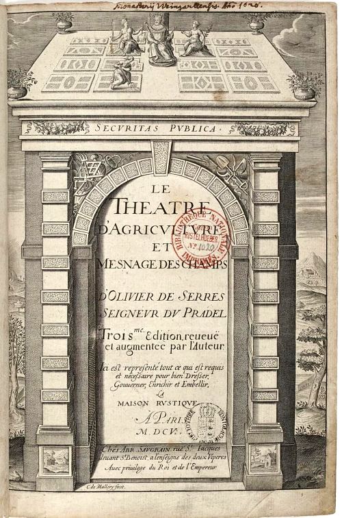 Page de titre de la troisième édition du Théâtre d'Agriculture (1605)