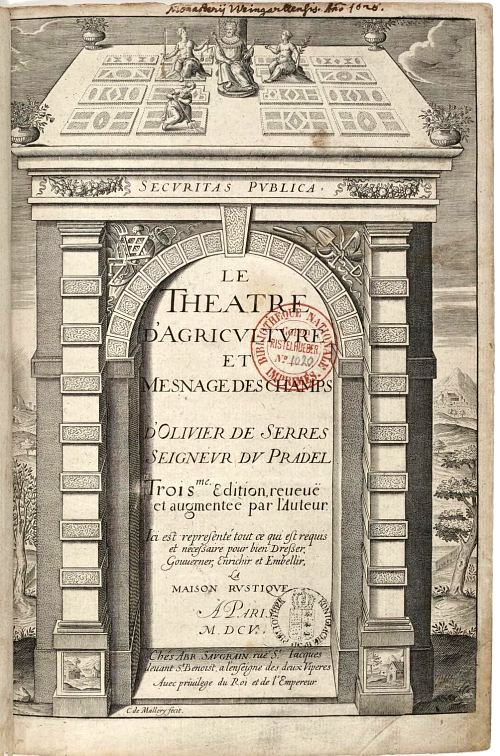 Page de titre de la troisième édition du Théâtre d'Agriculture (1605)