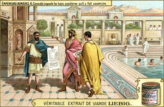 L'empereur romain Caracalla (ayant régné de 211 à 217) inspecte les bains populaires qu'il a fait construire. Chromolithographie publicitaire du XXe siècle