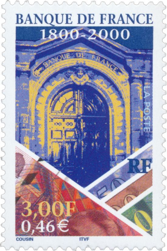 Bicentenaire de la Banque de France (1800-2000). Timbre émis le 17 janvier 2000 dans la série Commémoratifs et divers. Dessin de Jean-Paul Cousin