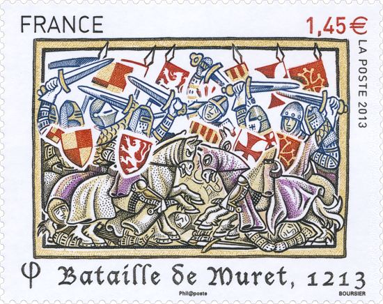 Bataille de Muret. Timbre émis le 12 novembre 2013 dans la série Les grandes heures de l'Histoire de France. Dessin de Louis Boursier
