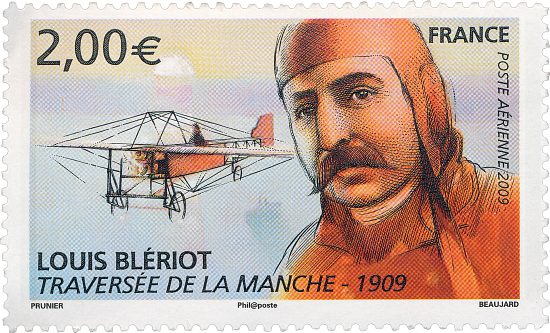 Traversée de la Manche par Louis Blériot (1872-1936). Timbre émis le 27 juillet 2009 dans la série Poste aérienne. Dessin de Jame's Prunier et Yves Beaujard