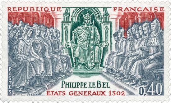 Philippe le Bel. États généraux de 1302. Timbre émis le 18 novembre 1968 dans la série Grands noms de l'Histoire. Dessin d'Albert Decaris