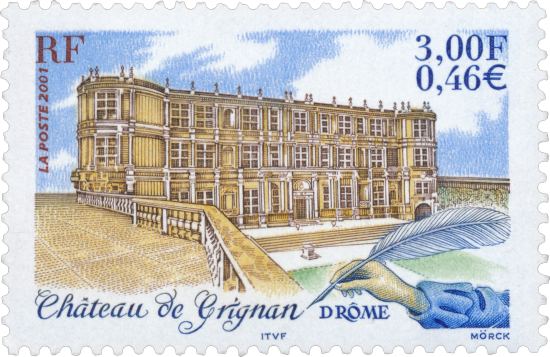 Château de Grignan (Drôme). Timbre émis le 9 juillet 2001 dans la série Tourisme. Dessin de Martin Mörck