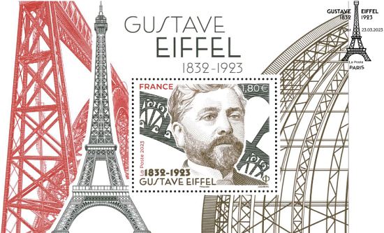 Bloc souvenir à l'occasion du centenaire de la disparition de Gustave Eiffel : timbre émis le 27 mars 2023 dans la série Personnages célèbres. Dessin de Sarah Lazarevic d'après photos