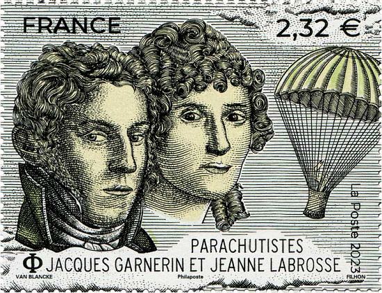 Jacques Garnerin et Jeanne Labrosse. Timbre émis le 11 avril 2023 dans la série Parachutistes. Dessin de Benjamin Van Blancke