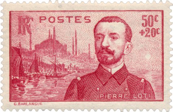 Pierre Loti. Timbre émis le 16 août 1937 dans la série Commémoratifs et divers. Dessin de Gabriel-Antoine Barlangue