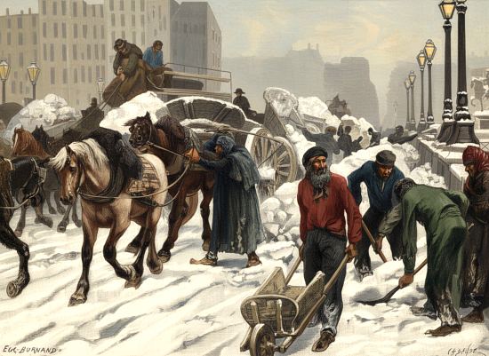 Le déchargement des tombereaux de neige dans la Seine en décembre 1879. Vue prise sur le Pont-Neuf. Gravure d'époque colorisée ultérieurement