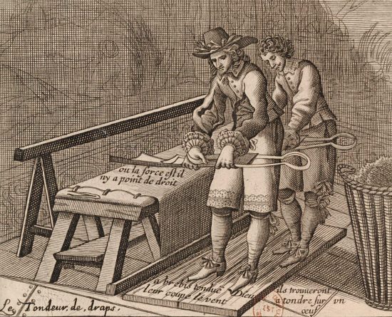Tondeurs de drap. Estampe du XVIIe siècle