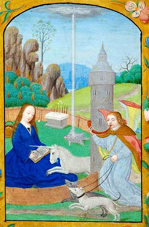 Annonciation de la chasse à la Licorne. Enluminure extraite d'un livre d'heures néerlandais (The Morgan Library, MS G.5) paru vers 1500 au sein de laquelle on peut observer une tour d'ivoire associée symboliquement à la Vierge Marie