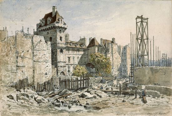 Percement de la rue Étienne Marcel avec la tour Jean-sans-Peur, en 1867. Aquarelle d'Alfred Delauney (1830-1894)